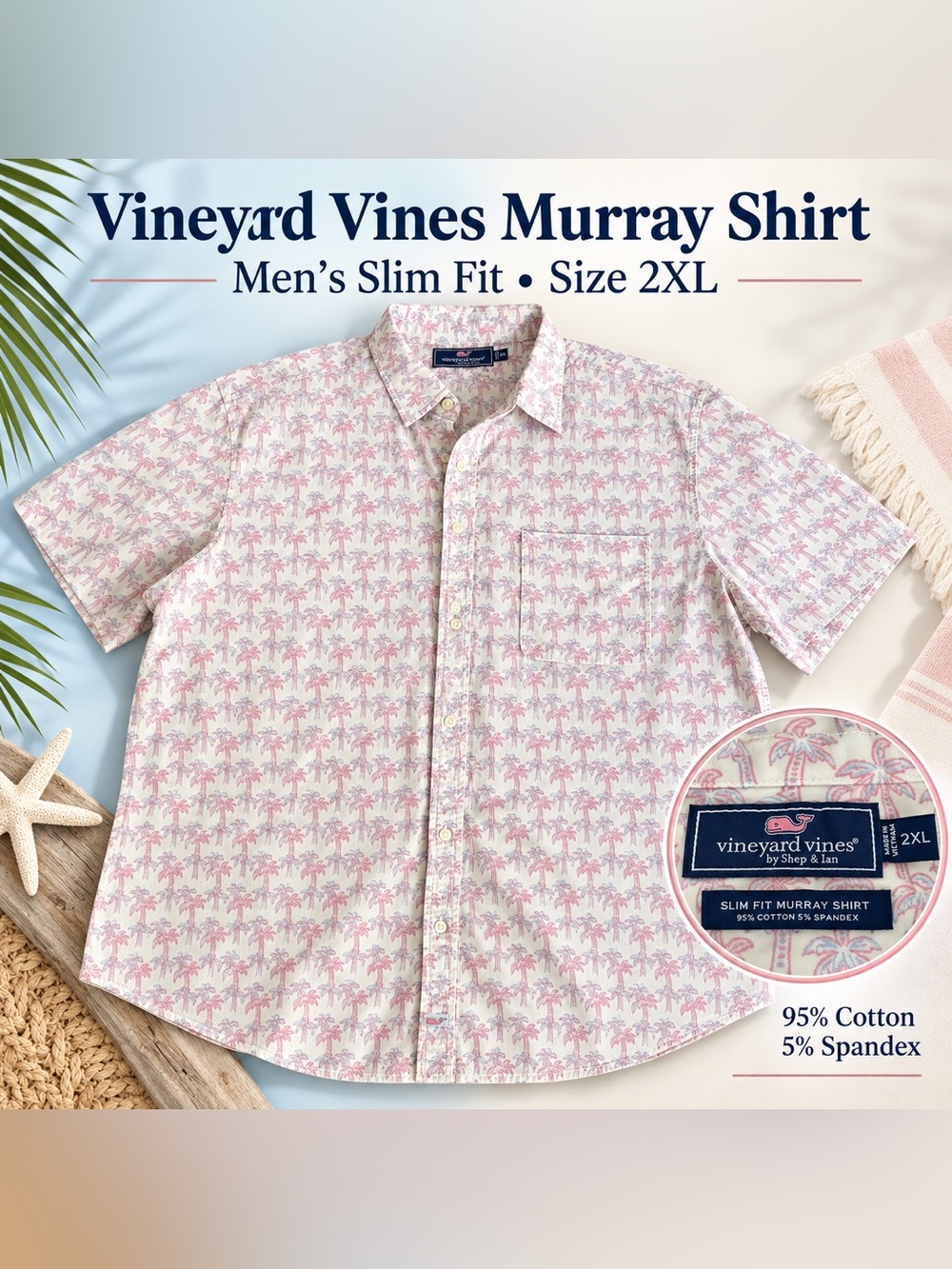 #0372 Vineyard Vines Murray Shirt Men’s 2XL Pink Palm Tree Slim Fit